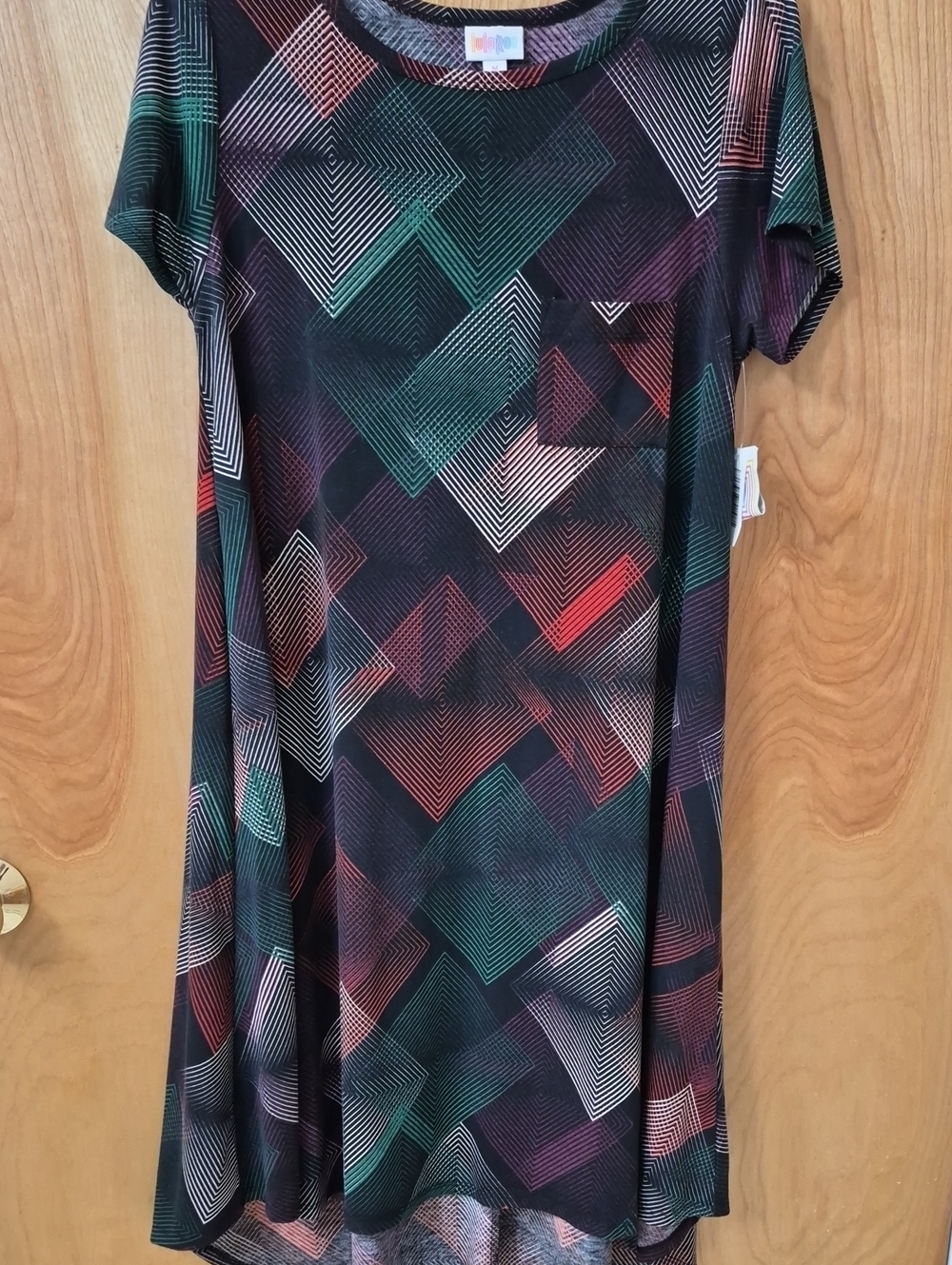 LuLaRoe Black Geometric Print Short Sleeve Dress with Green & Red Accents